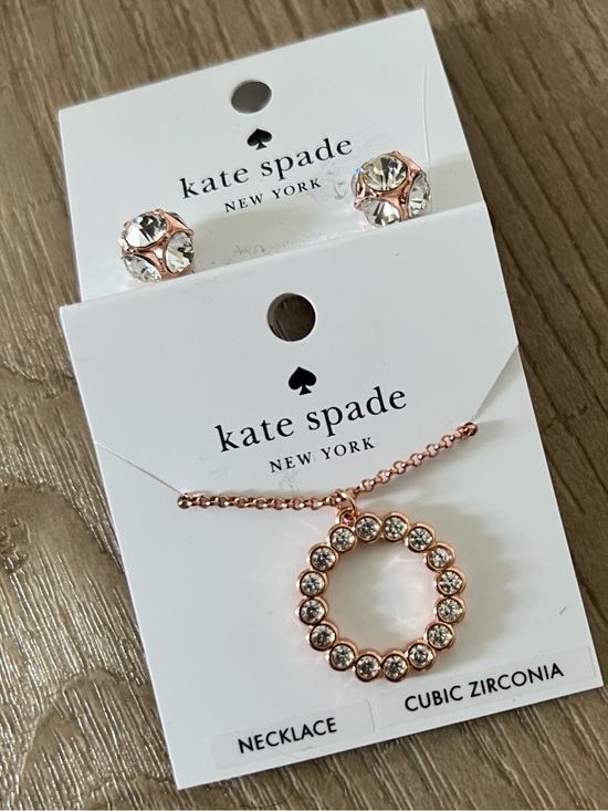 kate spade Jewelry - Kate Spade rose gold circle pendant necklace with clear stones and stud earrings